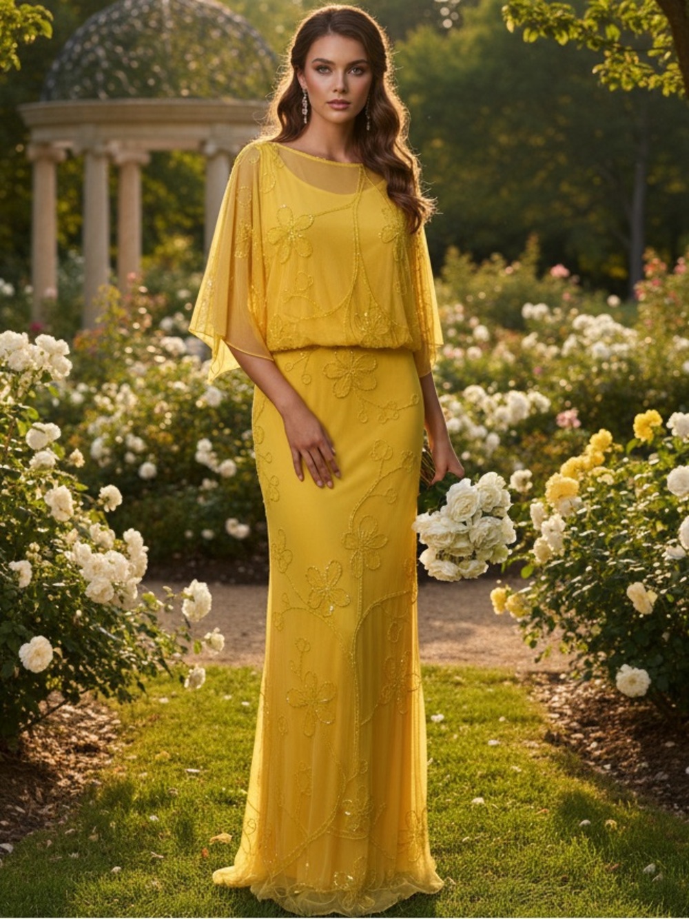 Elegant hand beaded Yellow‎ Evening Gown with sheer sleeves